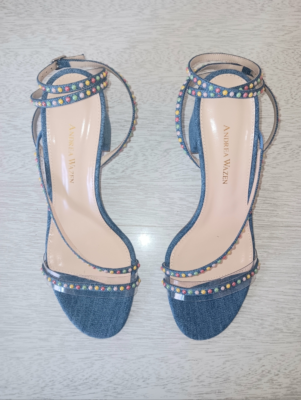 ANDREA WAZEN Designer Denim Blue Block Heel Sandals with Multicolor Stud Strap 7